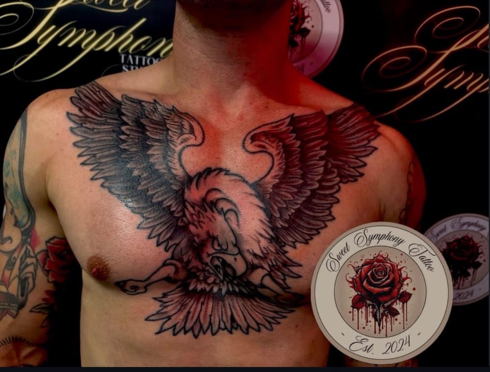Finished eagle chest tattoo rework by Sarah at Sweet Symphony Tattoo
