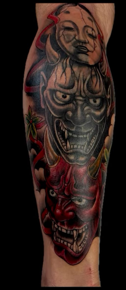Japanese-inspired hannya mask tattoo in colour by Sweet Symphony Tattoo