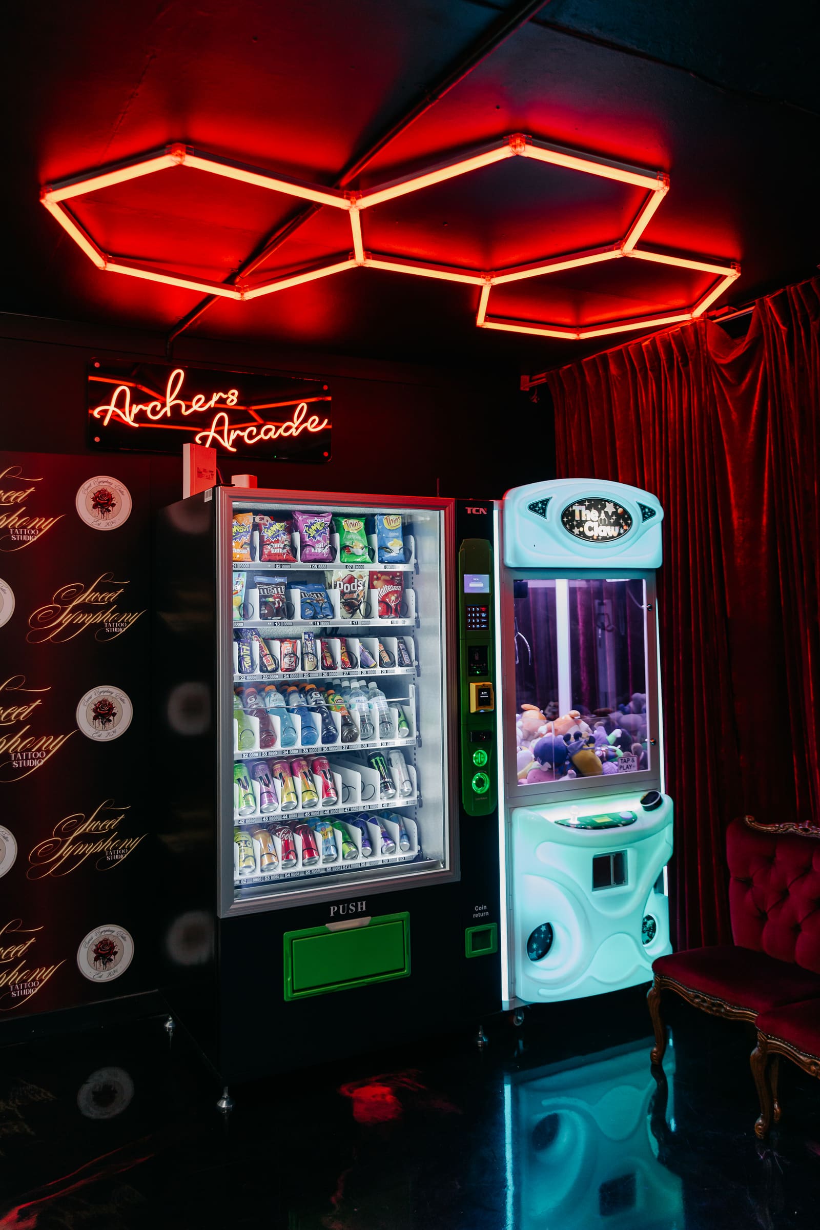 Sweet Symphony studio vending machine and red feature lighting
